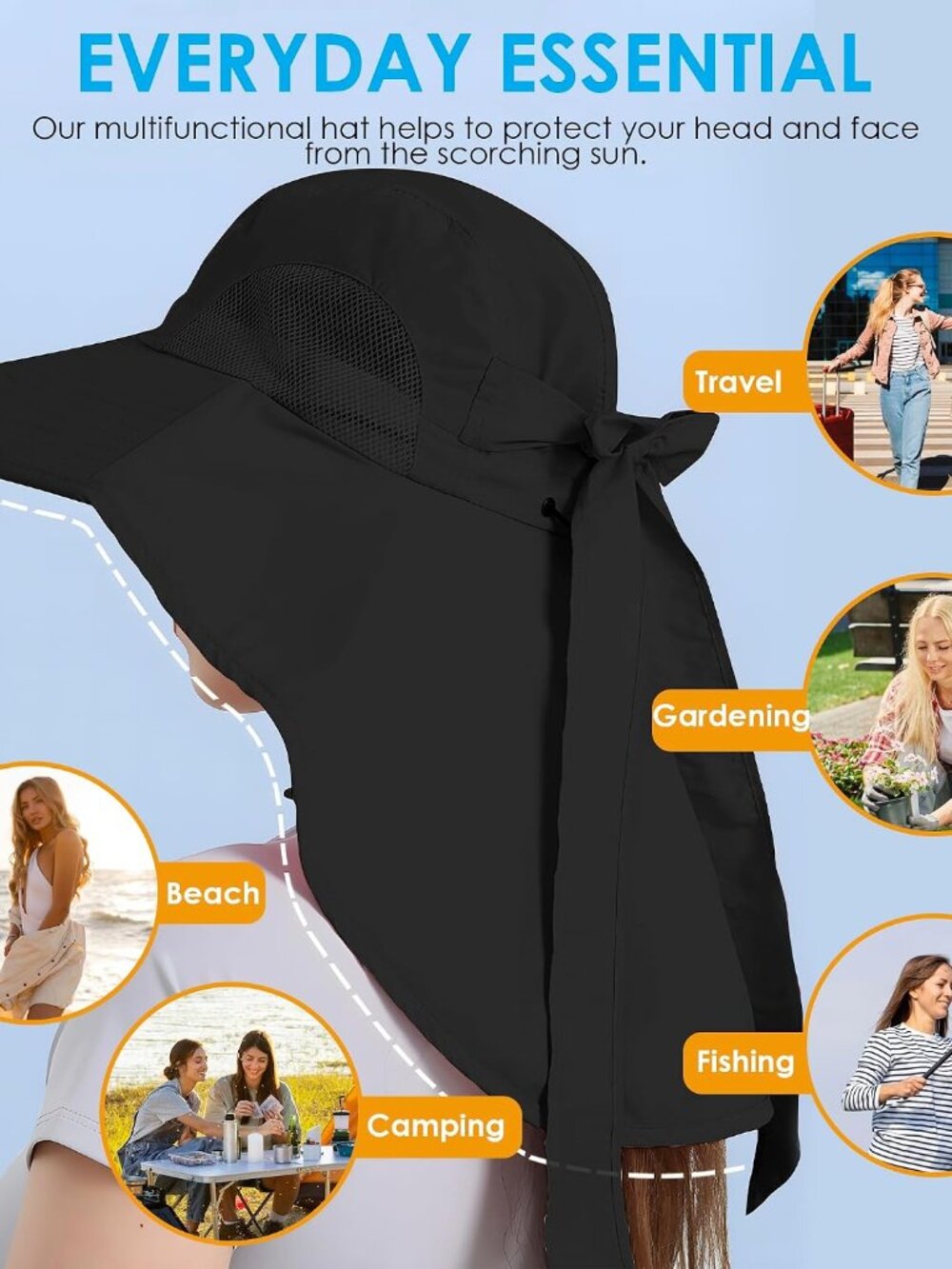 Womens Sun Hat UV Protection, Foldable Waterproof Wide Brim Bucket Hats with Nec - Picture 4 of 7